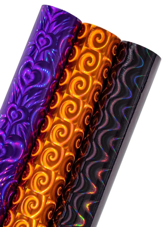 LeZakaa Holographic Halloween Wrapping Paper Roll, Purple Heart/Orange Spiricle/Black Wavy Stripe Spooky Design for Valentines, Nightmare Before Christmas, Birthday, Holiday, 17 x 120 inches, 3 Rolls - Image 1